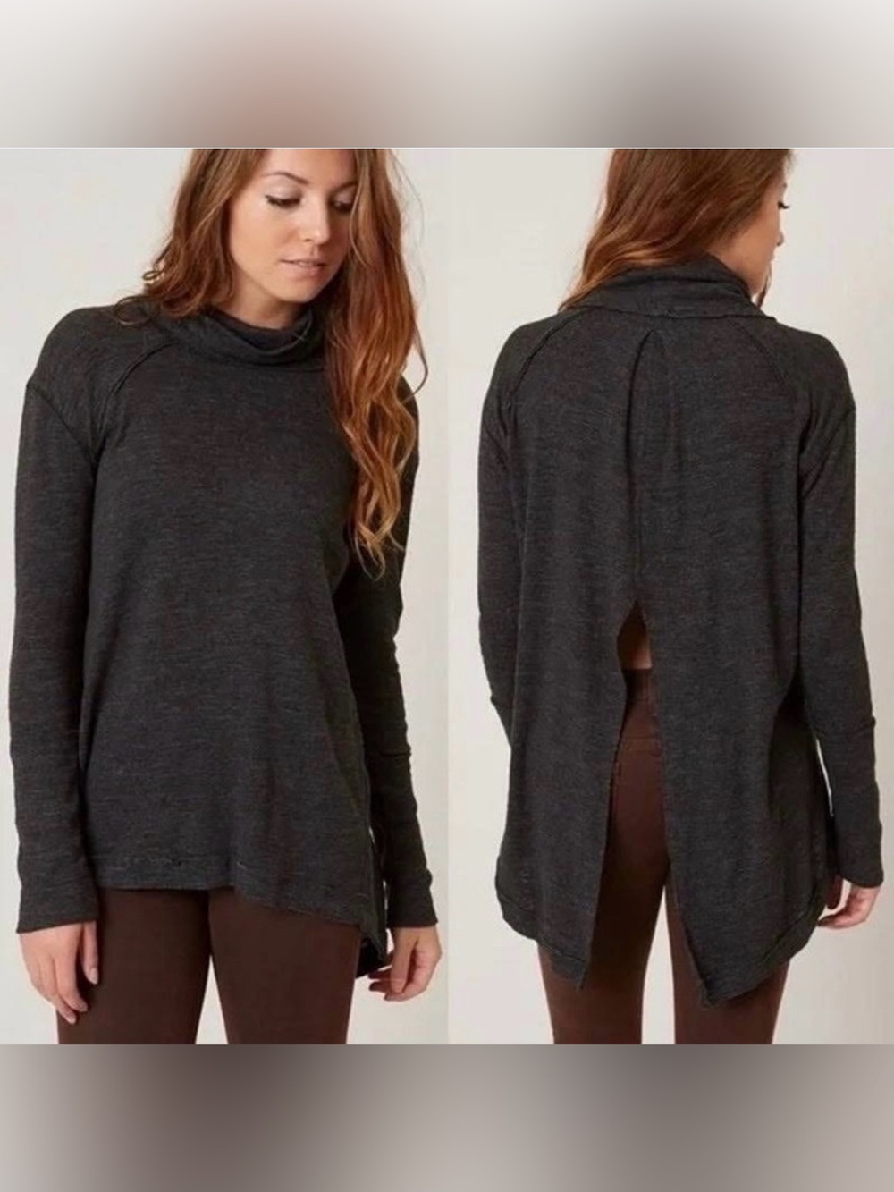 Free People We The Free Charcoal Split Open-Back Cowl Neck Sweater